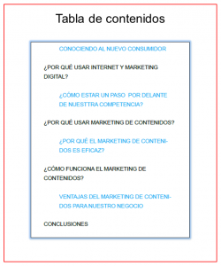 Tabla de contenidos del e-book introducción al Marketing de contenidos